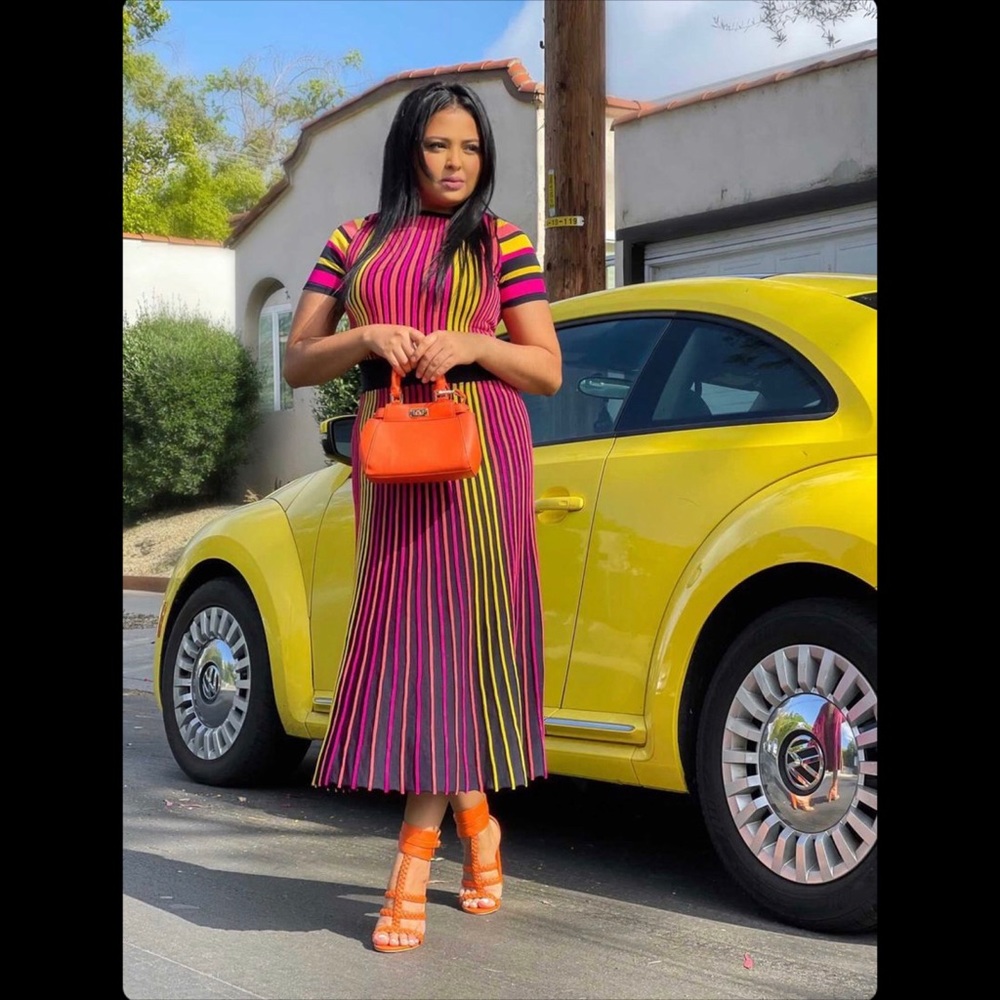 Knit Stripe short sleeve fit and flare midi dress